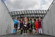 16 August 2013; In attendance at the launch of the Bus Éireann Women’s National League 2013/2014 Season are players, from left, Sylvia Gee, DLR Waves, Michelle Watson, Shamrock Rovers, Linda Douglas, Wexford Youths Womens, Siobhan Killeen, Raheny United, Aine O'Gorman, Peamount United, Trish Moran, Castlebar Celtic, Lynsey McKey, Cork Women's FC, and Ruth Fahy, Galway WFC. Aviva Stadium, Lansdowne Road, Dublin. Picture credit: Brian Lawless / SPORTSFILE