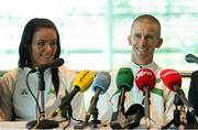 16 August 2013; Men's 50km gold medal winner Robert Heffernan with his wife Marian in Dublin airport on his return from the IAAF World Athletics Championships in Moscow. Dublin Airport, Dublin. Photo by Sportsfile