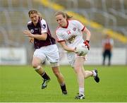 17 August 2013; Cathy Donnelly, Tyrone, in action against Mairead Coyne, Galway. TG4 All-Ireland Ladies Football Senior Championship, Quarter-Final, Galway v Tyrone, Kingspan Breffni Park, Cavan. Picture credit: Oliver McVeigh / SPORTSFILE