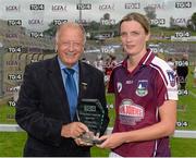 17 August 2013; Annette Clarke, Galway,  is presented with the player of the match award by Pat Quill, President of the Ladies Gaelic Football Association. TG4 All-Ireland Ladies Football Senior Championship, Quarter-Final, Galway v Tyrone, Kingspan Breffni Park, Cavan. Picture credit: Oliver McVeigh / SPORTSFILE