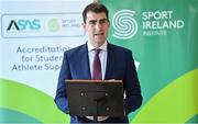 30 November 2022; Minister of State for Sport and the Gaeltacht Jack Chambers TD speaking during ASAS Awards at the Sport Ireland Institute at the Sport Ireland Campus in Dublin. Photo by Piaras Ó Mídheach/Sportsfile