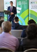 30 November 2022; Minister of State for Sport and the Gaeltacht Jack Chambers TD speaking during ASAS Awards at the Sport Ireland Institute at the Sport Ireland Campus in Dublin. Photo by Piaras Ó Mídheach/Sportsfile