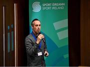 30 November 2022; Jeff Gomez of University College Cork speaking during the Dual Career Forum at the Sport Ireland Campus in Dublin. Photo by Piaras Ó Mídheach/Sportsfile