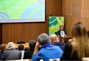 30 November 2022; Sport Ireland chief executive officer Dr Una May speaking during the Dual Career Forum at the Sport Ireland Campus in Dublin. Photo by Piaras Ó Mídheach/Sportsfile
