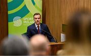 30 November 2022; Matthew Dossett of Student Sport Ireland speaking during the Dual Career Forum at the Sport Ireland Campus in Dublin. Photo by Piaras Ó Mídheach/Sportsfile