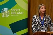 30 November 2022; Niamh O'Callaghan of Student Sport Ireland speaking during the Dual Career Forum at the Sport Ireland Campus in Dublin. Photo by Piaras Ó Mídheach/Sportsfile