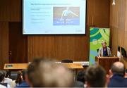 30 November 2022; Neasa Fahy O'Donnell of University of Limerick speaking during the Dual Career Forum at the Sport Ireland Campus in Dublin. Photo by Piaras Ó Mídheach/Sportsfile