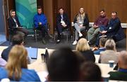 30 November 2022; Panellists, from left, Olympian Eoin Rheinisch, paralympian Greta Streimikyte, Alison Moffitt-Robinson of Ulster University, Emma Burrows of Rugby Players Ireland, Track cyclist JB Murphy and Head of Capability & Expertise at Sport Ireland Institute Gary Ryan during the Dual Career Forum at the Sport Ireland Campus in Dublin. Photo by Piaras Ó Mídheach/Sportsfile