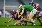 27 November 2022; Oisín O’Rorke of Kilmacud Crokes is tackled by Paul Doyle of St Mullin’s during the AIB Leinster GAA Hurling Senior Club Championship Semi-Final match between Naomh Moling and Kilmacud Crokes at Croke Park in Dublin. Photo by Daire Brennan/Sportsfile