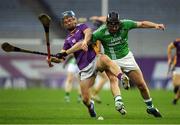 27 November 2022; Oisín O’Rorke of Kilmacud Crokes is tackled by John Doran of St Mullin’s during the AIB Leinster GAA Hurling Senior Club Championship Semi-Final match between Naomh Moling and Kilmacud Crokes at Croke Park in Dublin. Photo by Daire Brennan/Sportsfile