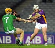 27 November 2022; Fionn Ó Ceallaigh of Kilmacud Crokes is tackled by Ger Coady of St Mullin’s during the AIB Leinster GAA Hurling Senior Club Championship Semi-Final match between Naomh Moling and Kilmacud Crokes at Croke Park in Dublin. Photo by Daire Brennan/Sportsfile