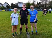 27 November 2022; Referee Mel Kenny with team captains Aoife Curran of O'Dwyers and Ailbhe Finnerty of Salthill Knocknacarra before the CurrentAccount.ie LGFA All-Ireland Junior Club Championship Semi-Final match between Salthill Knocknacarra, Galway, and O’Dwyer's, Dublin, at The Prairie in Salthill, Galway. Photo by Piaras Ó Mídheach/Sportsfile