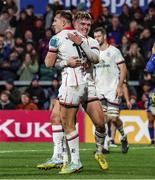25 November 2022; Stewart Moore of Ulster is congratulated by his teammate Jake Flannery during the United Rugby Championship match between Ulster and Zebre Parma at Kingspan Stadium in Belfast. Photo by John Dickson/Sportsfile