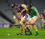 27 November 2022; Ronan Costello of Kilmacud Crokes is tackled by Michael Walsh of St Mullin’s during the AIB Leinster GAA Hurling Senior Club Championship Semi-Final match between Naomh Moling and Kilmacud Crokes at Croke Park in Dublin. Photo by Daire Brennan/Sportsfile