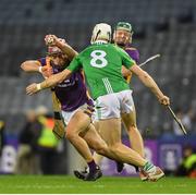 27 November 2022; Brendan Scanlan of Kilmacud Crokes is tackled by Jack Kavanagh of St Mullin’s during the AIB Leinster GAA Hurling Senior Club Championship Semi-Final match between Naomh Moling and Kilmacud Crokes at Croke Park in Dublin. Photo by Daire Brennan/Sportsfile