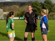 27 November 2022; Referee Patrick Smith conducts the coin toss with Arlene Leonard of Castleblayney Faughs and Una Twohig of Naomh Abán before the 2022 CurrentAccount.ie All-Ireland Ladies Junior Club Football Championship semi-final between Naomh Abán, Cork, and Castleblayney Faughs, Monaghan, at Páirc Íosagáin, Naomh Abán, Co. Cork. Photo by Cian O’Regan/Sportsfile