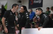 27 November 2022; Ireland head coach James Weldon speaks with assistant coaches Jillian Hayes and Ioannis Liapakis during the FIBA Women's EuroBasket 2023 Qualifier match between Ireland and Netherlands at National Basketball Arena in Dublin. Photo by Harry Murphy/Sportsfile