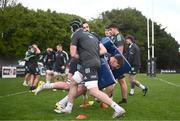 28 November 2022; Joe McCarthy, centre, with Caelan Doris and Rónan Kelleher during a Leinster Rugby squad training session at Old Belvedere RFC in Dublin. Photo by Harry Murphy/Sportsfile