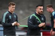 28 November 2022; Rónan Kelleher, right, and Josh van der Flier during a Leinster Rugby squad training session at Old Belvedere RFC in Dublin. Photo by Harry Murphy/Sportsfile