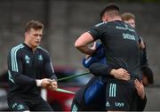 28 November 2022; Rónan Kelleher, right, tackles Dan Sheehan held by Josh van der Flier during a Leinster Rugby squad training session at Old Belvedere RFC in Dublin. Photo by Harry Murphy/Sportsfile