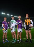 29 November 2022; Provincial glory up for grabs! Leinster Senior Club Championship Finalists, from left, Kilmacud Crokes hurler Oisin O'Rorke, Ballyhale Shamrocks hurler Eoin Cody, Kilmacud Crokes footballer Shane Horan and The Downs footballer Niall Mitchell, pictured today ahead of the 2022 AIB Leinster GAA Football and Hurling Senior Club Championship Finals, which takes place this Sunday, December 4th at Croke Park. The AIB GAA All-Ireland Club Championships features some of #TheToughest players from communities all across Ireland. It is these very communities that the players represent that make the AIB GAA All-Ireland Club Championships unique. Now in its 32nd year supporting the Club Championships, AIB is extremely proud to once again celebrate the communities that play such a role in sustaining our national games. Photo by Ramsey Cardy/Sportsfile