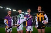 29 November 2022; Provincial glory up for grabs! Leinster Senior Club Championship Finalists, from left, Kilmacud Crokes hurler Oisin O'Rorke, Ballyhale Shamrocks hurler Eoin Cody, Kilmacud Crokes footballer Shane Horan and The Downs footballer Niall Mitchell, pictured today ahead of the 2022 AIB Leinster GAA Football and Hurling Senior Club Championship Finals, which takes place this Sunday, December 4th at Croke Park. The AIB GAA All-Ireland Club Championships features some of #TheToughest players from communities all across Ireland. It is these very communities that the players represent that make the AIB GAA All-Ireland Club Championships unique. Now in its 32nd year supporting the Club Championships, AIB is extremely proud to once again celebrate the communities that play such a role in sustaining our national games. Photo by Ramsey Cardy/Sportsfile