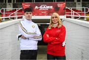 29 November 2022; Photographed are one of Ireland’s top ranked FIFA players Tyrone Ryan of WYLDE and Irish football legend Stephanie Roche who take to Turner’s Cross Stadium later today to compete in a live FIFA battle that will be streamed on Twitch @ 5pm. As all eyes are on Qatar, Virgin Media recognises the huge talent that gamers in Ireland represent and that just like in every sport, to bring their a-game gamers need the right equipment - in this case, the best broadband. Photo by Harry Murphy/Sportsfile
