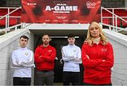 29 November 2022; Photographed are Irish football legends Stephanie Roche and David Meyler with Ireland’s top ranked FIFA players, WYLDE's Ciaran Walsh and Tyrone Ryan who take to Turner’s Cross Stadium later today to compete in a live FIFA battle that will be streamed on Twitch @ 5pm. As all eyes are on Qatar, Virgin Media recognises the huge talent that gamers in Ireland represent and that just like in every sport, to bring their a-game gamers need the right equipment - in this case, the best broadband. Photo by Harry Murphy/Sportsfile