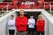 29 November 2022; Photographed are Irish football legends David Meyler and Stephanie Roche and Ireland’s top ranked FIFA players, WYLDE's Ciaran Walsh and Tyrone Ryan who take to Turner’s Cross Stadium later today to compete in a live FIFA battle that will be streamed on Twitch @ 5pm. As all eyes are on Qatar, Virgin Media recognises the huge talent that gamers in Ireland represent and that just like in every sport, to bring their a-game gamers need the right equipment - in this case, the best broadband. Photo by Harry Murphy/Sportsfile