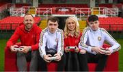 29 November 2022; Photographed are Ireland’s top ranked FIFA players, WYLDE's Ciaran Walsh and Tyrone Ryan and Irish football legends David Meyler and Stephanie Roche who take to Turner’s Cross Stadium later today to compete in a live FIFA battle that will be streamed on Twitch @ 5pm. As all eyes are on Qatar, Virgin Media recognises the huge talent that gamers in Ireland represent and that just like in every sport, to bring their a-game gamers need the right equipment - in this case, the best broadband. Photo by Harry Murphy/Sportsfile