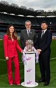 30 November 2022; In attendance at the unveiling of eir as a new official sponsor of the GAA Hurling All-Ireland Senior Championship are from left, Managing Director Consumer and Small Business at eir, Susan Brady, Uachtarán Chumann Lúthchleas Gael, Larry McCarthy and Chief Executive Officer at eir Oliver Loomes. The five-year deal, which begins with the 2023 Championship season, will see eir’s partnership with the GAA evolve to support the Senior Hurling Championship, and will highlight the synergies that exist between hurling, the world's fastest field sport, and eir, which is committed to providing full fibre superfast broadband to over 1.9 million homes and businesses across Ireland. Photo by Sam Barnes/Sportsfile