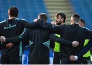 2 December 2022; Caelan Doris in the team huddle during a Leinster Rugby captain's run at the RDS Arena in Dublin. Photo by Harry Murphy/Sportsfile