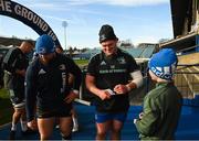 2 December 2022; Leinster Rugby supporter Jack Skelly and his family were guests of Leinster at their captain's run today, pictured is Andrew Porter and Tadhg Furlong with Jack Skelly during a Leinster Rugby captain's run at the RDS Arena in Dublin. Photo by Harry Murphy/Sportsfile