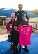 2 December 2022; Leinster Rugby supporter Jack Skelly and his family were guests of Leinster at their captain's run today, pictured is Jack, Finn and Holly Skelly with Garry Ringrose during a Leinster Rugby captain's run at the RDS Arena in Dublin. Photo by Harry Murphy/Sportsfile