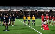 2 December 2022; Munster captain Peter O'Mahoney, right, and Edinburgh captain Grant Gilchrist lay number 5 jerseys in memory of Doddie Weir, who passed away on November 26th, before the United Rugby Championship match between Edinburgh and Munster at the Dam Heath Stadium in Edinburgh, Scotland. Photo by Paul Devlin/Sportsfile