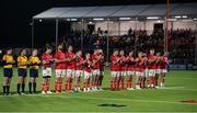 2 December 2022; Munster players during a minutes applause in memory of Doddie Weir, who passed away on November 26th, before the United Rugby Championship match between Edinburgh and Munster at the Dam Heath Stadium in Edinburgh, Scotland. Photo by Paul Devlin/Sportsfile