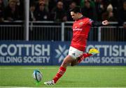 2 December 2022; Joey Carbery of Munster kicks a conversion during the United Rugby Championship match between Edinburgh and Munster at the Dam Heath Stadium in Edinburgh, Scotland. Photo by Paul Devlin/Sportsfile