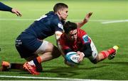 2 December 2022; Joey Carbery of Munster scores his side's fifth try during the United Rugby Championship match between Edinburgh and Munster at the Dam Heath Stadium in Edinburgh, Scotland. Photo by Paul Devlin/Sportsfile