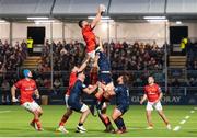 2 December 2022; Jean Kleyn of Munster wins possession in a lineout during the United Rugby Championship match between Edinburgh and Munster at the Dam Heath Stadium in Edinburgh, Scotland. Photo by Paul Devlin/Sportsfile