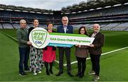3 December 2022; In attendance during the GAA Green Club Toolkit Launch are, from left, Chair of the GAA Green Club Steering Committee Padraig Fallon, GAA Green Club Sustainability Advisor Dr Míde Ní Shúilleabháin, Partnerships & External Affairs Manager at the Road Safety Authority Sarah O'Connor, Uachtarán Chumann Lúthchleas Gael Larry McCarthy, Road Safety Education Manager at the Road Safety Authority Christine Hegarty, and GAA Youth Leadership & Sustainability Manager Jimmy D’Arcy at Croke Park in Dublin. Photo by Sam Barnes/Sportsfile