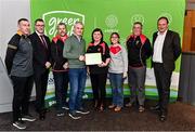 3 December 2022; Representatives from Lámh Dhearg GAA Club in Antrim, receive a phase one club recognition plaque from, Department of the Environment, Climate and Communications Executive Officer Robert Mooney, second from left, Chair of the GAA Green Club Steering Committee Padraig Fallon, fourth from left, and Dublin City Council Executive Manager Liam Bergin, far right, during the GAA Green Club Toolkit Launch at Croke Park in Dublin. Photo by Sam Barnes/Sportsfile