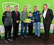 3 December 2022; David McConnell and Daithi McConnell, aged 10, from Buncrana GAA, Donegal, are presented with a phase one club recognition plaque by, from left, Ulster GAA Head of Club and Community Development Diarmaid Marsden, Department of the Environment, Climate and Communications Executive Officer Robert Mooney, Chair of the GAA Green Club Steering Committee Padraig Fallon, centre, and Dublin City Council Executive Manager Liam Bergin, during the GAA Green Club Toolkit Launch at Croke Park in Dublin. Photo by Sam Barnes/Sportsfile
