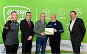 3 December 2022; Mark Walsh from Strabane Sigersons GAA, Tyrone, second from right, is presented with a phase one club recognition plaque by, from left, Ulster GAA Head of Club and Community Development Diarmaid Marsden, Department of the Environment, Climate and Communications Executive Officer Robert Mooney, Chair of the GAA Green Club Steering Committee Padraig Fallon, centre, and Dublin City Council Executive Manager Liam Bergin, during the GAA Green Club Toolkit Launch at Croke Park in Dublin. Photo by Sam Barnes/Sportsfile