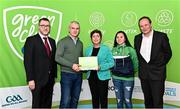3 December 2022; Jennifer Chambers, centre, and Sammy Chang, second from right, both from St Patrick's GAA, Limerick, are presented with a phase one club recognition plaque by, from left, Department of the Environment, Climate and Communications Executive Officer Robert Mooney, Chair of the GAA Green Club Steering Committee Padraig Fallon, and Dublin City Council Executive Manager Liam Bergin, during the GAA Green Club Toolkit Launch at Croke Park in Dublin. Photo by Sam Barnes/Sportsfile