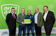 3 December 2022; Niall Wealdon, centre, and Paul Gray, second from right, both from Clan na Gael GAA, Louth, are presented with a phase one club recognition plaque by Department of the Environment, Climate and Communications Executive Officer Robert Mooney, far left, Chair of the GAA Green Club Steering Committee Padraig Fallon, second from left, and Dublin City Council Executive Manager Liam Bergin, far right, during the GAA Green Club Toolkit Launch at Croke Park in Dublin. Photo by Sam Barnes/Sportsfile