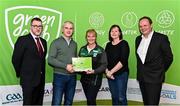 3 December 2022; Joan Crawford, centre, and Debbie Newman, from Mullingar Shamrocks GAA, Westmeath are presented with a phase one club recognition plaque by Department of the Environment, Climate and Communications Executive Officer Robert Mooney, far left, Chair of the GAA Green Club Steering Committee Padraig Fallon, second from left, and Dublin City Council Executive Manager Liam Bergin, far right, during the GAA Green Club Toolkit Launch at Croke Park in Dublin. Photo by Sam Barnes/Sportsfile