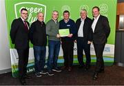 3 December 2022; Jerry Kelly, second from left, Eamonn Larkin, third from right, and Liam Hackett second from right, from Ballycumber GAA, Offaly, are presented with a phase one club recognition plaque by Department of the Environment, Climate and Communications Executive Officer Robert Mooney, far left, Chair of the GAA Green Club Steering Committee Padraig Fallon, third from left, and Dublin City Council Executive Manager Liam Bergin, far right, during the GAA Green Club Toolkit Launch at Croke Park in Dublin. Photo by Sam Barnes/Sportsfile