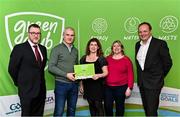 3 December 2022; Ciara Brown, centre, and Mary Brown, second from right, from Kilmacud Crokes GAA, Dublin, are presented with a phase one club recognition plaque by Department of the Environment, Climate and Communications Executive Officer Robert Mooney, far left, Chair of the GAA Green Club Steering Committee Padraig Fallon, second from left, and Dublin City Council Executive Manager Liam Bergin, far right, during the GAA Green Club Toolkit Launch at Croke Park in Dublin. Photo by Sam Barnes/Sportsfile