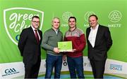 3 December 2022; Dave Dodd from St Finians GAA, Dublin, second from right is presented with a phase one club recognition plaque by, from left, Department of the Environment, Climate and Communications Executive Officer Robert Mooney, Chair of the GAA Green Club Steering Committee Padraig Fallon and Dublin City Council Executive Manager Liam Bergin during the GAA Green Club Toolkit Launch at Croke Park in Dublin. Photo by Sam Barnes/Sportsfile