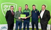 3 December 2022; Brian Ramsbottom, centre, and Gerard Ramsbottom, second from right, both from Park/Ratheniska GAA, Laois, are presented with a phase one club recognition plaque by, Department of the Environment, Climate and Communications Executive Officer Robert Mooney, left, Chair of the GAA Green Club Steering Committee Padraig Fallon, second from left, and Dublin City Council Executive Manager Liam Bergin, far right, during the GAA Green Club Toolkit Launch at Croke Park in Dublin. Photo by Sam Barnes/Sportsfile